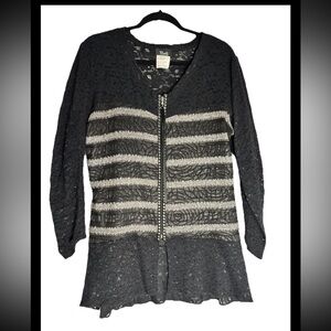 BALI Black Lace Mesh Vintage Y2K Jacket Tunic Top Rhinestone Zipper Sz L